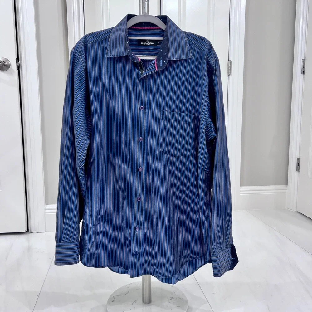 Bugatchi Uomo‎ Men's Long Sleeve Button Down Shirt Size L blue striped EUC